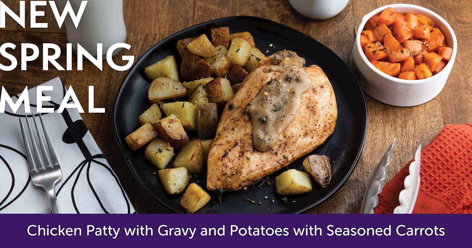 Chicken Patty with Poultry Gravy, Potatoes and Seasoned Carrots